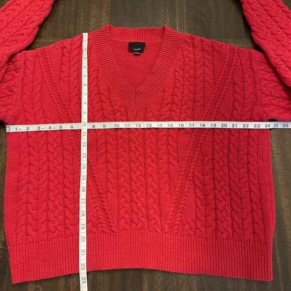 Lumiere Red Cable Knit Fisherman Sweater Size Large Thick Chunky V-Neck Boxy - Picture 5 of 9
